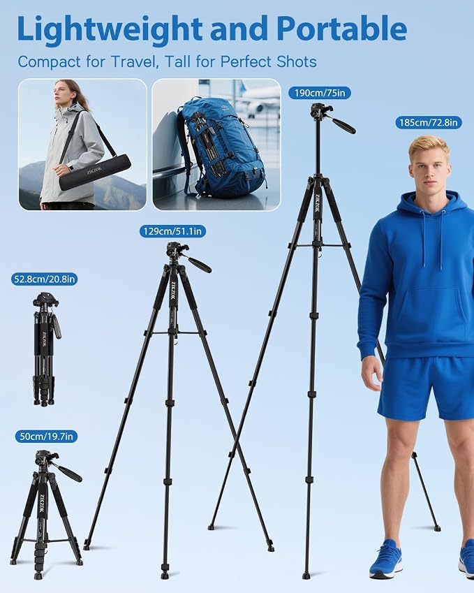 75" Camera Tripod, Aluminum Heavy Duty Camera Stand - Image 3