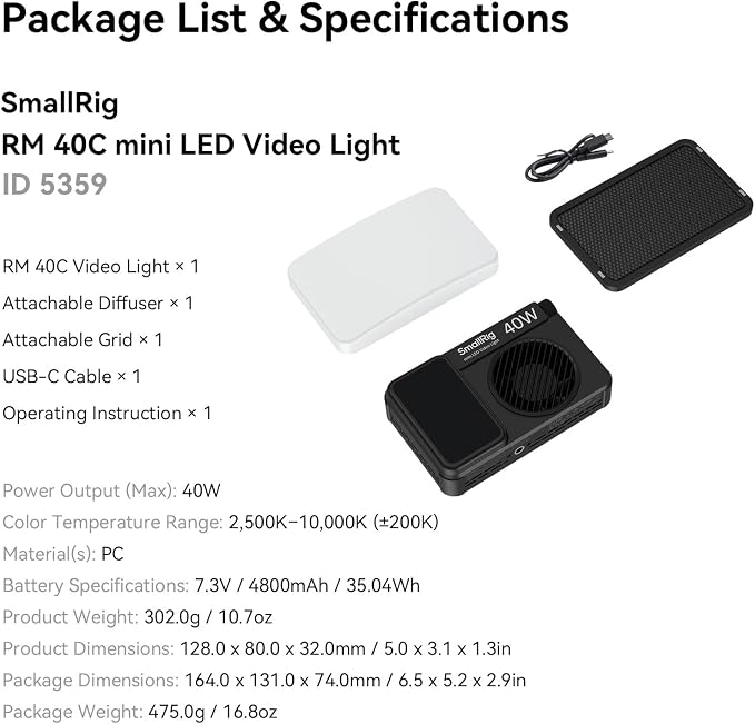 SmallRig RM 40C Mini LED RGB Video Light, 4800mAh Battery, LCD Display - Image 9