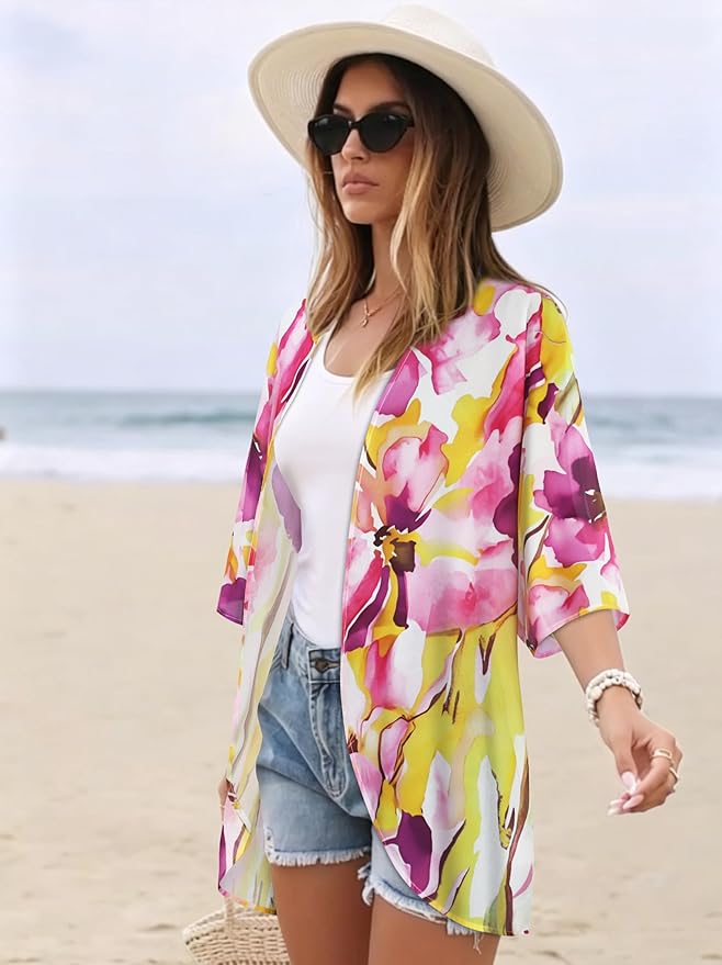 Women's Floral Print Puff Sleeve Kimono Cardigan Loose Cover Up Casual Blouse - Image 5