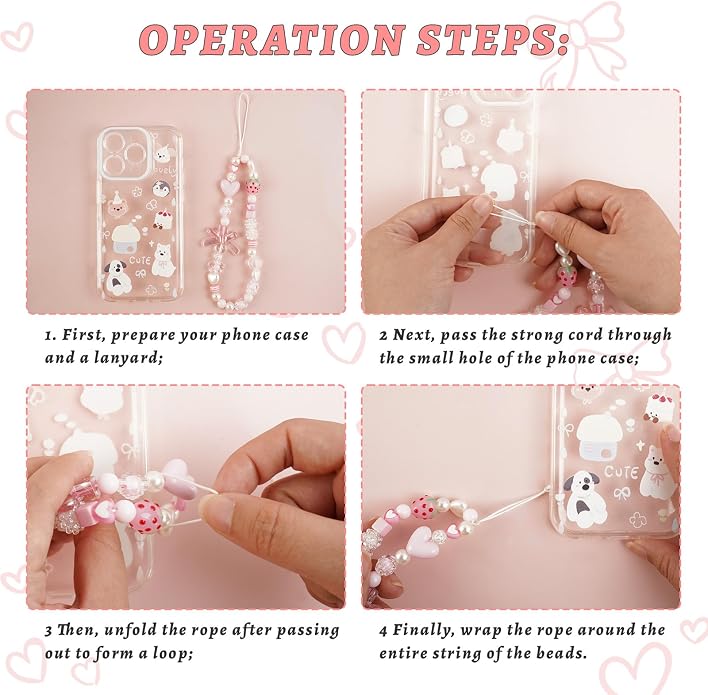 Pink Beaded Phone Wrist Straps, Y2K Phone Case Charms Camera Charm Strap - Image 6