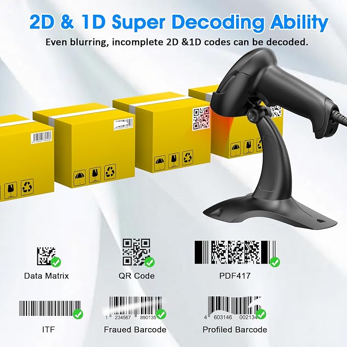 Symcode Barcode Scanner with Stand USB Wired Inventory 2D 1D QR Code Scanner - Image 5