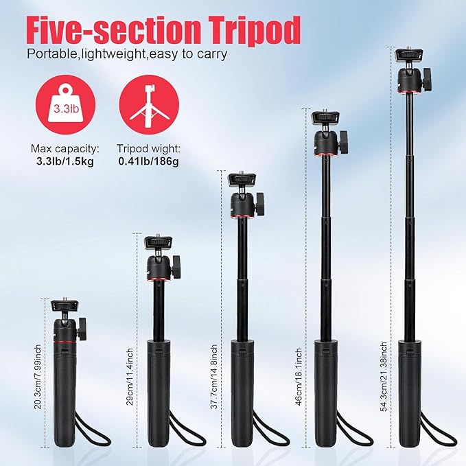 Extendable Mini Tripod, 8-23.6inch Height Adjustable 360 Rotation Ball Head - Image 2