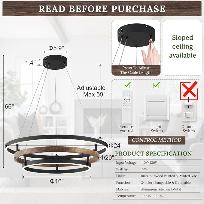 3 Ring LED Chandelier Black Round Chandelier Light Fixture Dimmable Farmhouse - Image 6
