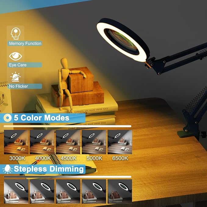 10X Magnifying Glass with Light and Clamp, Real Glass Stand Lighted Magnifier - Image 4