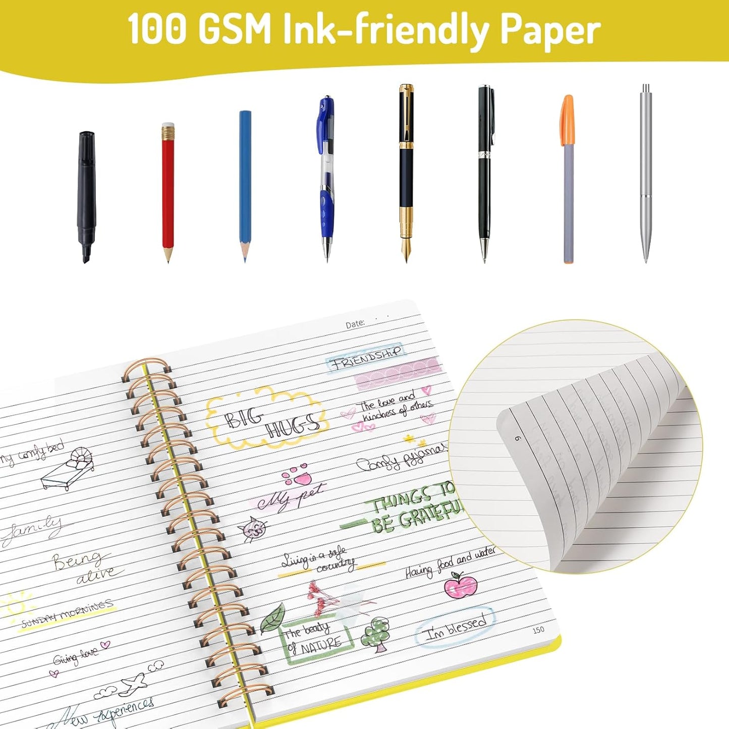 Forvencer Lined Spiral Journal Notebook with 300 Numbered Pages, B5 College Ruled Thick Journals for Writing with 100GSM Paper, Hardcover Notebooks with Contents for Work, School, Women, Men, Yellow