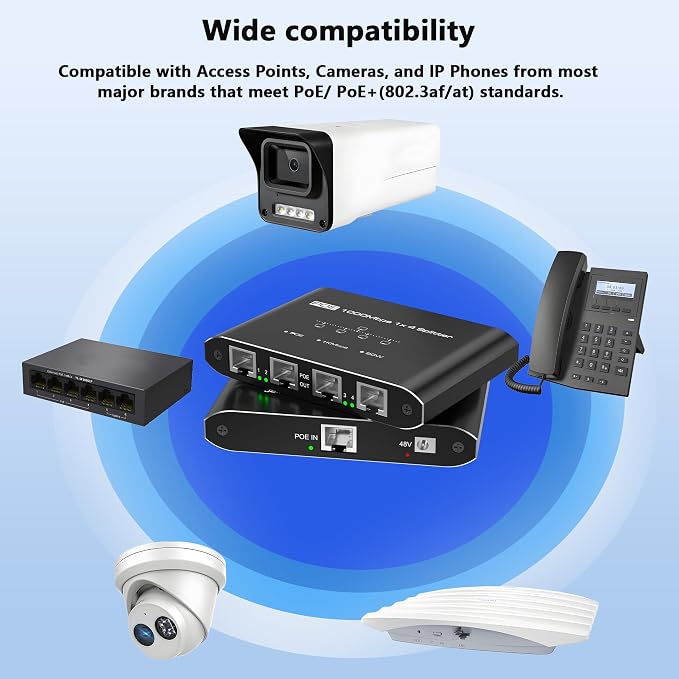 PoE Switch 1 in 4 Out, 4 Port Gigabit PoE Splitter, IEEE 802.3at/af Compliant - Image 9