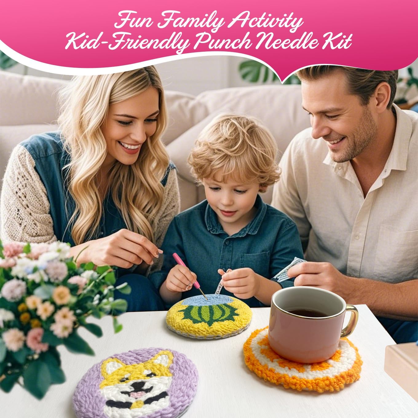 Punch Needle Kit for Adults Beginners, 6Pcs Succulent Plants Punch Coaster Starter Kit, Easy Embroidery Stitch Set with Instructions – Fun DIY Needle Point Craft for Table Decor & Festival Gifts