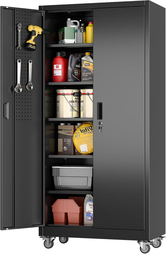 Aobabo Upgraded Garage Storage Cabinets with Wheels,Metal Storage Cabinets with 5 Adjustable Shelves for Garage Home Office Storage, Black,71''H*34''W*18''D,Assembly Required