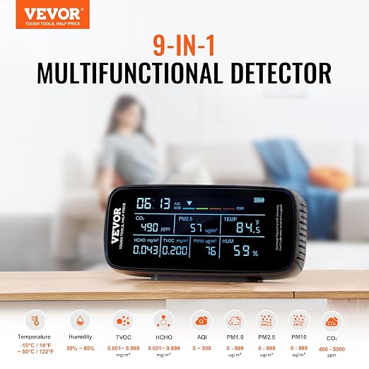 VEVOR Air Quality Monitor 9-in-1, Temperature, Formaldehyde TVOC AQI Tester - Image 2