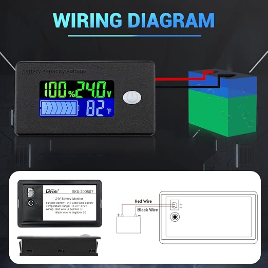 DROK 24V Battery Meter, 10-100V Voltage Battery Capacity Fahrenheit Temperature - Image 4