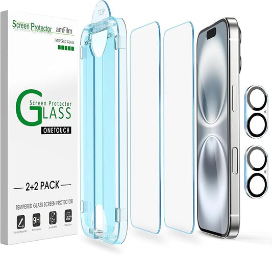 amFilm Auto-Alignment OneTouch for iPhone 16 Screen Protector + Camera Lens by amFilm