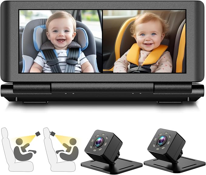 Baby Car Camera for 2 Kids, 6.86" 1080P HD Split Screen Baby Monitor by Shynerk+Baby