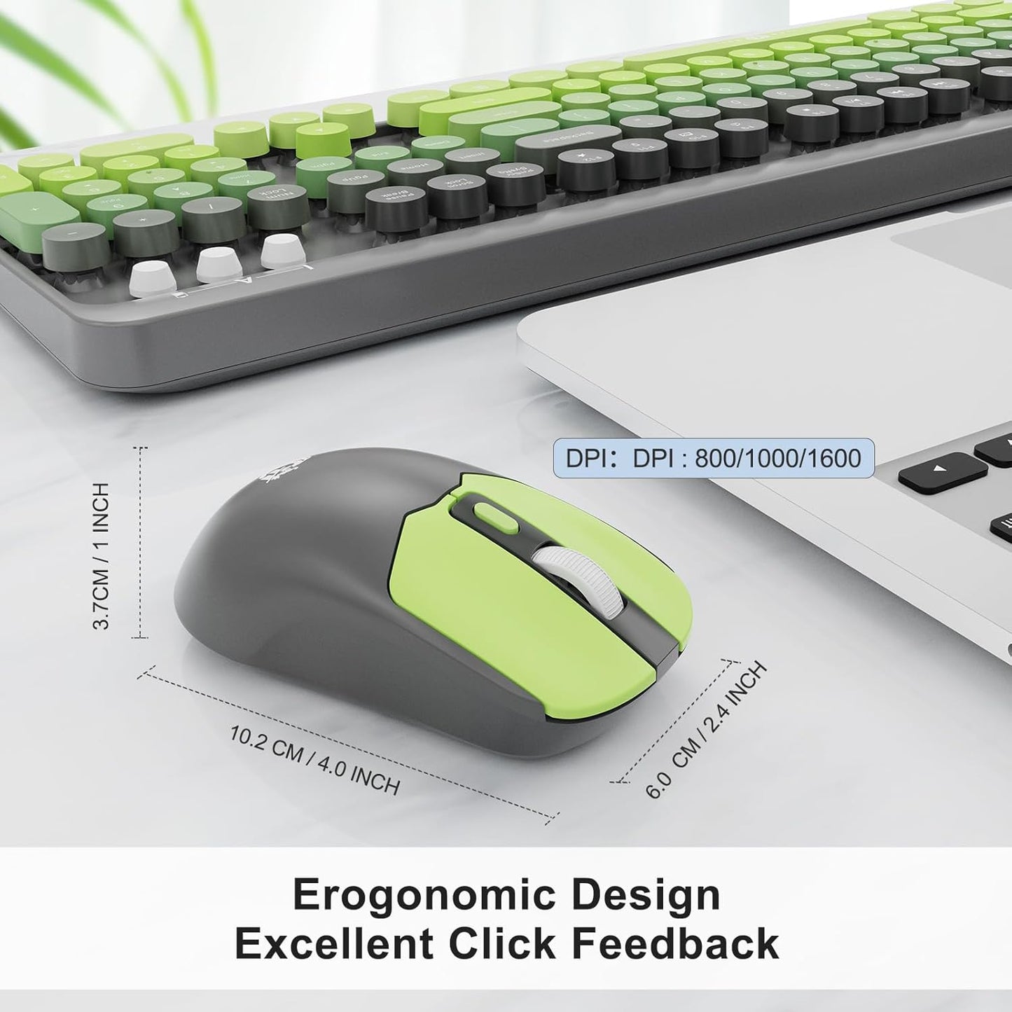 Wireless Keyboard and Mouse Combo, 2.4 GHz Wireless Full-Sized Typewriter Keyboard with Round Keycaps for Windows, Computer, Desktop, PC, Laptop (GreyGreen)