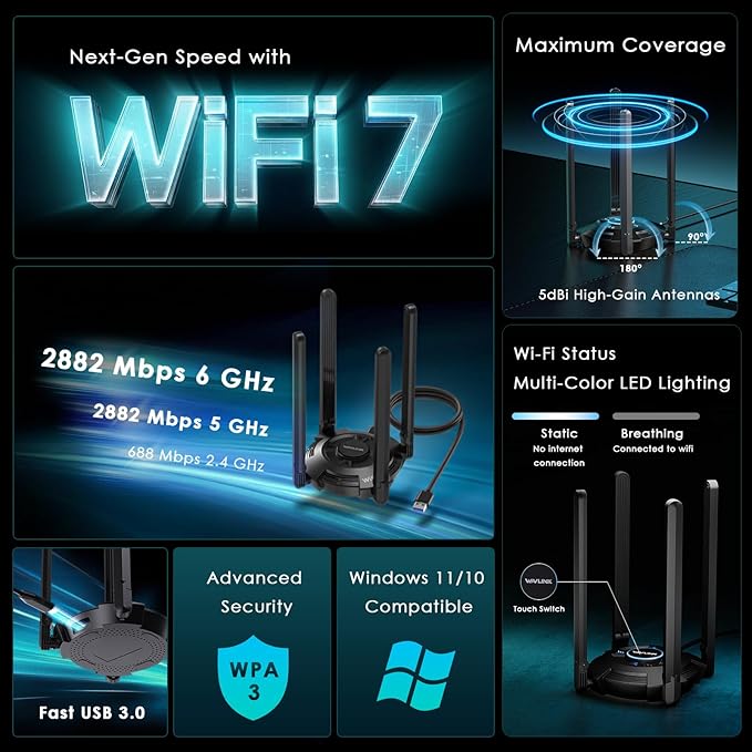 USB WiFi Adapter for Desktop PC, WAVLINK Tri-Band BE6500 WiFi 7 Adapter - Image 2