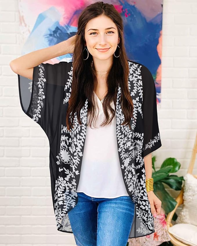 Women's Floral Print Puff Sleeve Kimono Cardigan Loose Cover Up Casual Blouse - Image 2