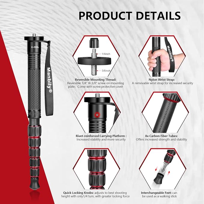 Manbily Carbon Fiber Camera Monopod, Portable Compact Lightweight Travel Monopod - Image 4