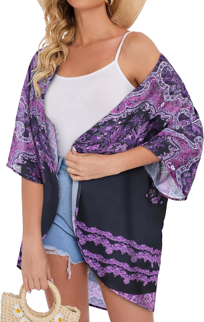 Women's Floral Print Puff Sleeve Kimono Cardigan Loose Cover Up Casual Blouse - Image 4