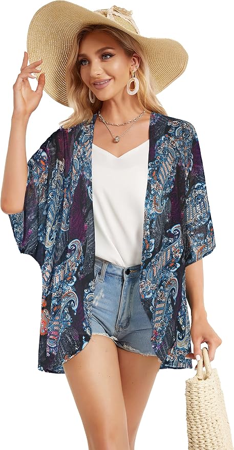 Women's Floral Print Puff Sleeve Kimono Cardigan Loose Cover Up Casual Blouse - Image 5
