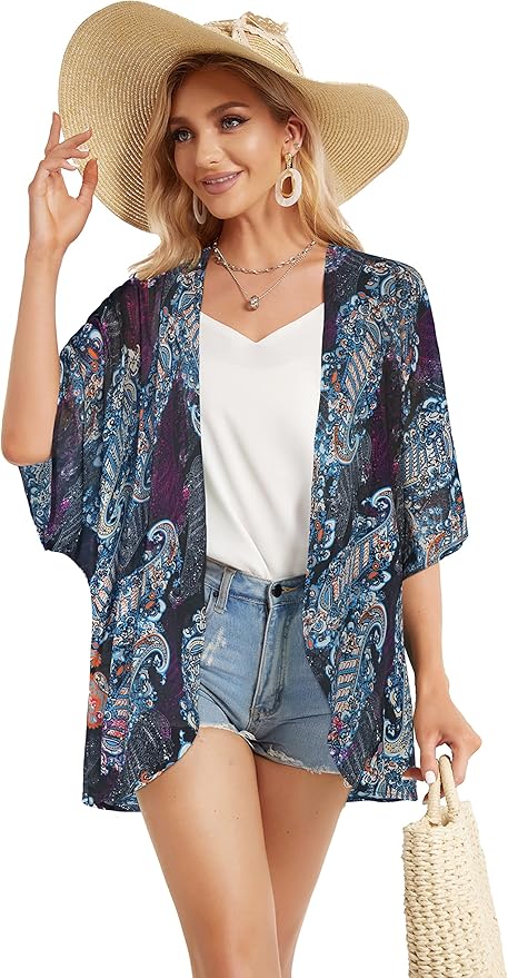 Women's Floral Print Puff Sleeve Kimono Cardigan Loose Cover Up Casual Blouse - Image 5