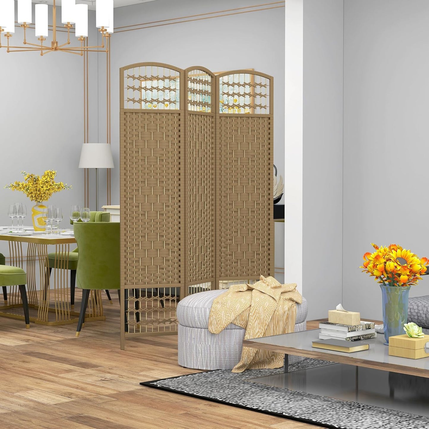HOMCOM 3 Panel Room Divider, Folding Privacy Screen, 5.6' Room Separator, Wave Fiber Freestanding Partition Wall Divider, Natural