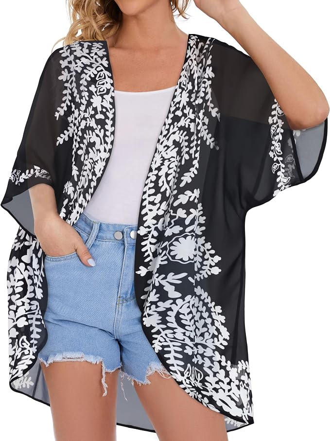 Women's Floral Print Puff Sleeve Kimono Cardigan Loose Cover Up Casual Blouse - Image 8