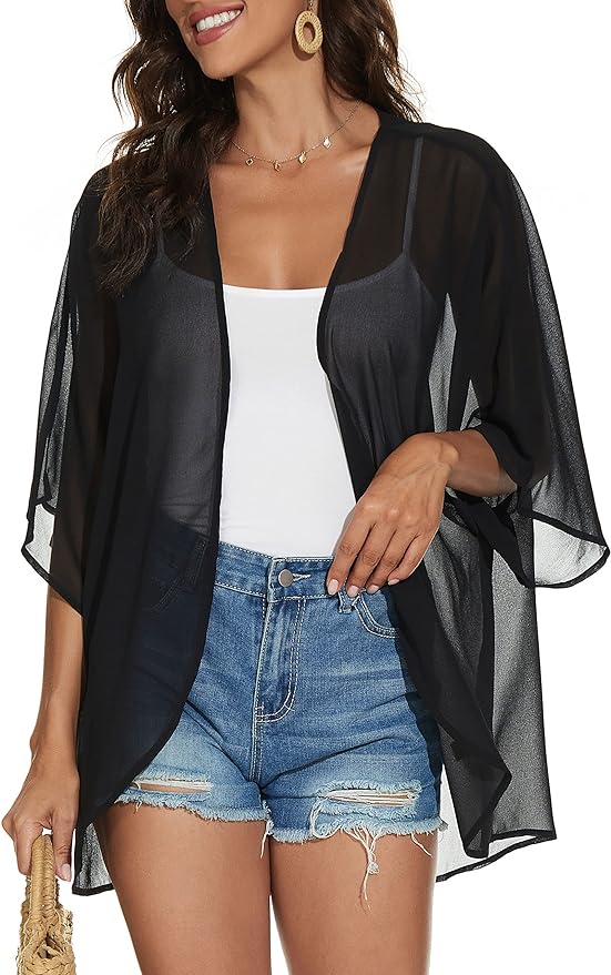 Women's Floral Print Puff Sleeve Kimono Cardigan Loose Cover Up Casual Blouse by CHICGAL