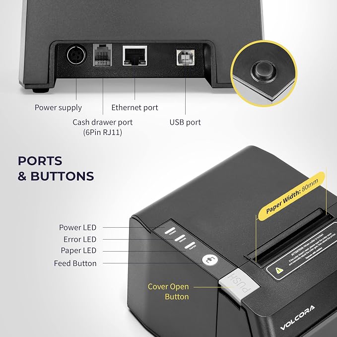 Volcora Thermal Receipt Printer, 80mm USB/Ethernet POS QR Code Printer - Image 4