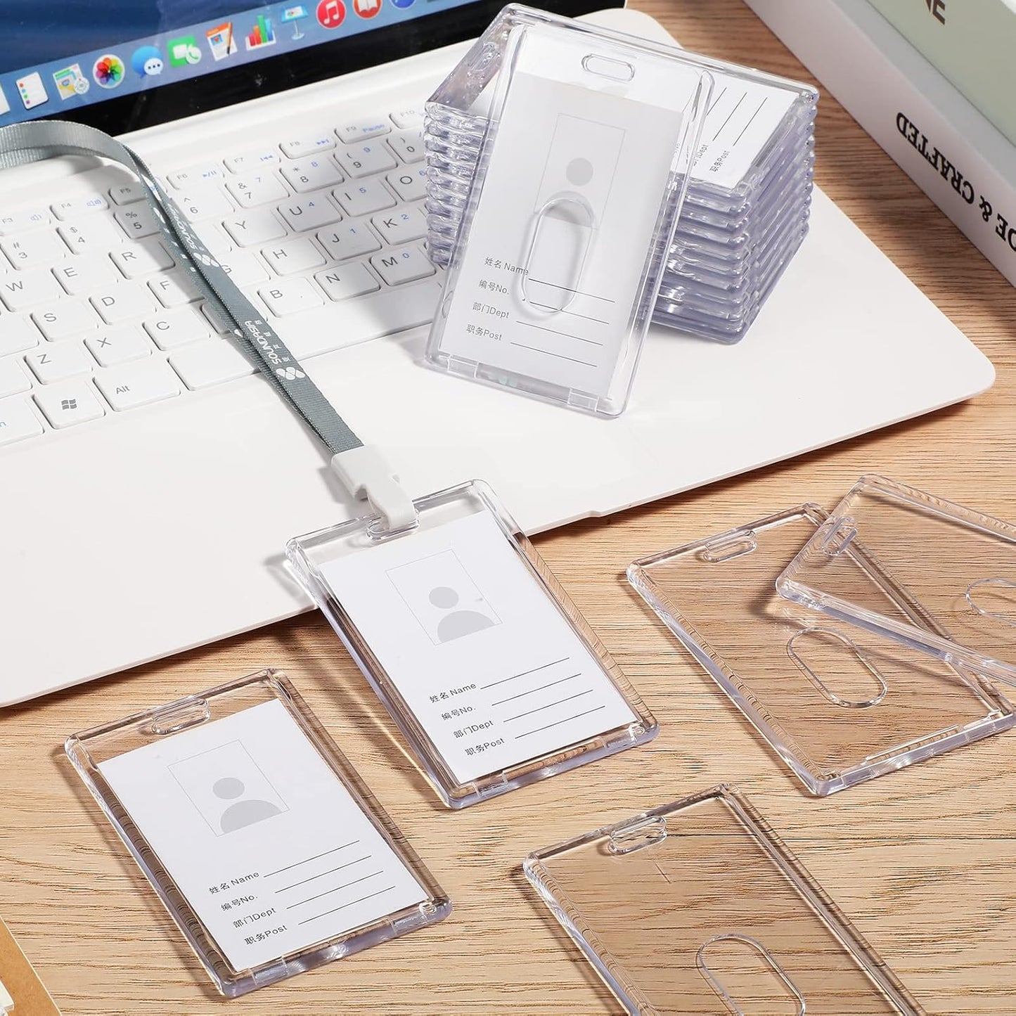 Chinco 90 Pcs Vertical Acrylic Badge Holders Waterproof Clear ID Holder Heavy Duty Card Holder Plastic Protector Cover Transparent Badge Protector Vertical in Office Products