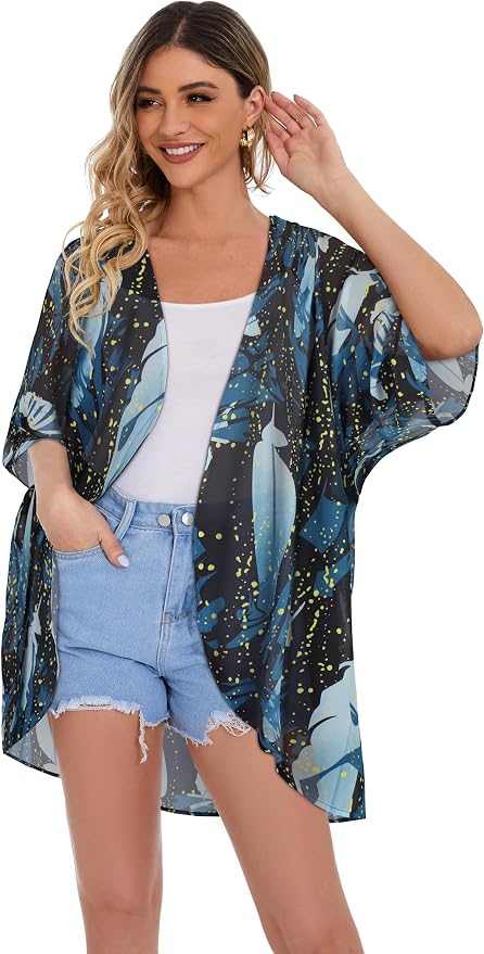 Women's Floral Print Puff Sleeve Kimono Cardigan Loose Cover Up Casual Blouse - Image 3