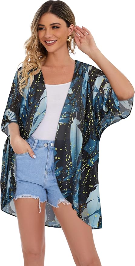 Women's Floral Print Puff Sleeve Kimono Cardigan Loose Cover Up Casual Blouse - Image 3