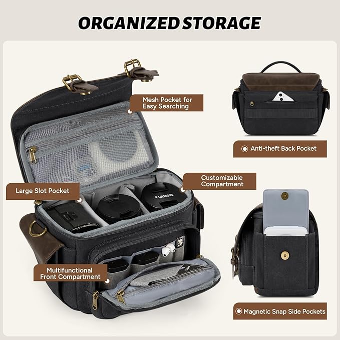RAINSMORE Camera Bag, Vintage Canvas Camera Sling Bag Small Waterproof DSLR SLR - Image 2