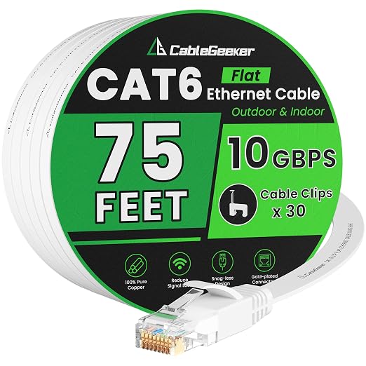 Cat 6 Ethernet Cable 75 ft, Indoor&Outdoor, High Speed 10Gbps Flat Internet by CableGeeker