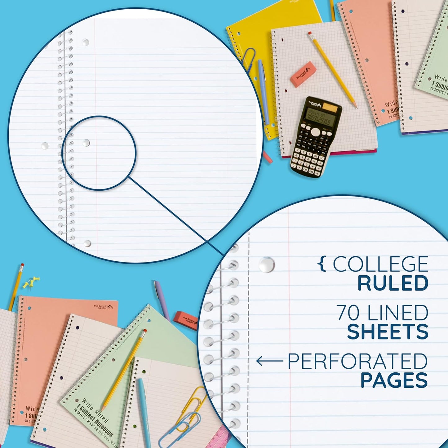 Blue Summit Pastel Spiral Notebook College Ruled, One Subject School Notebooks Spiral, Perforated Notebooks Bulk, 8 x 10.5 School Book, Paper, College Ruled, 6 Pack