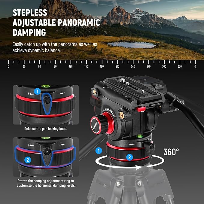 NEEWER 74" Video Tripod with Adjustable Damping Fluid Head, Metal Heavy Duty - Image 2