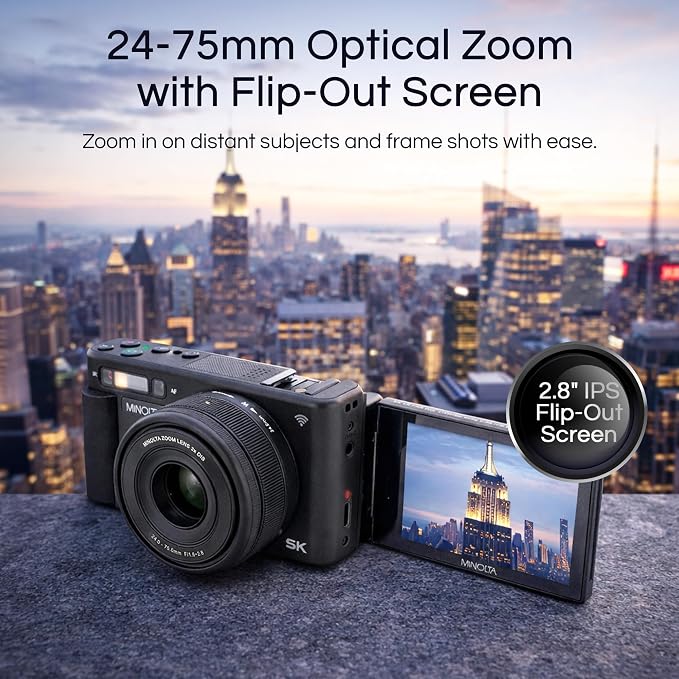 Minolta 72MP Digital Camera, 5K Ultra HD Video, 24-75mm Optical Zoom Lens - Image 3