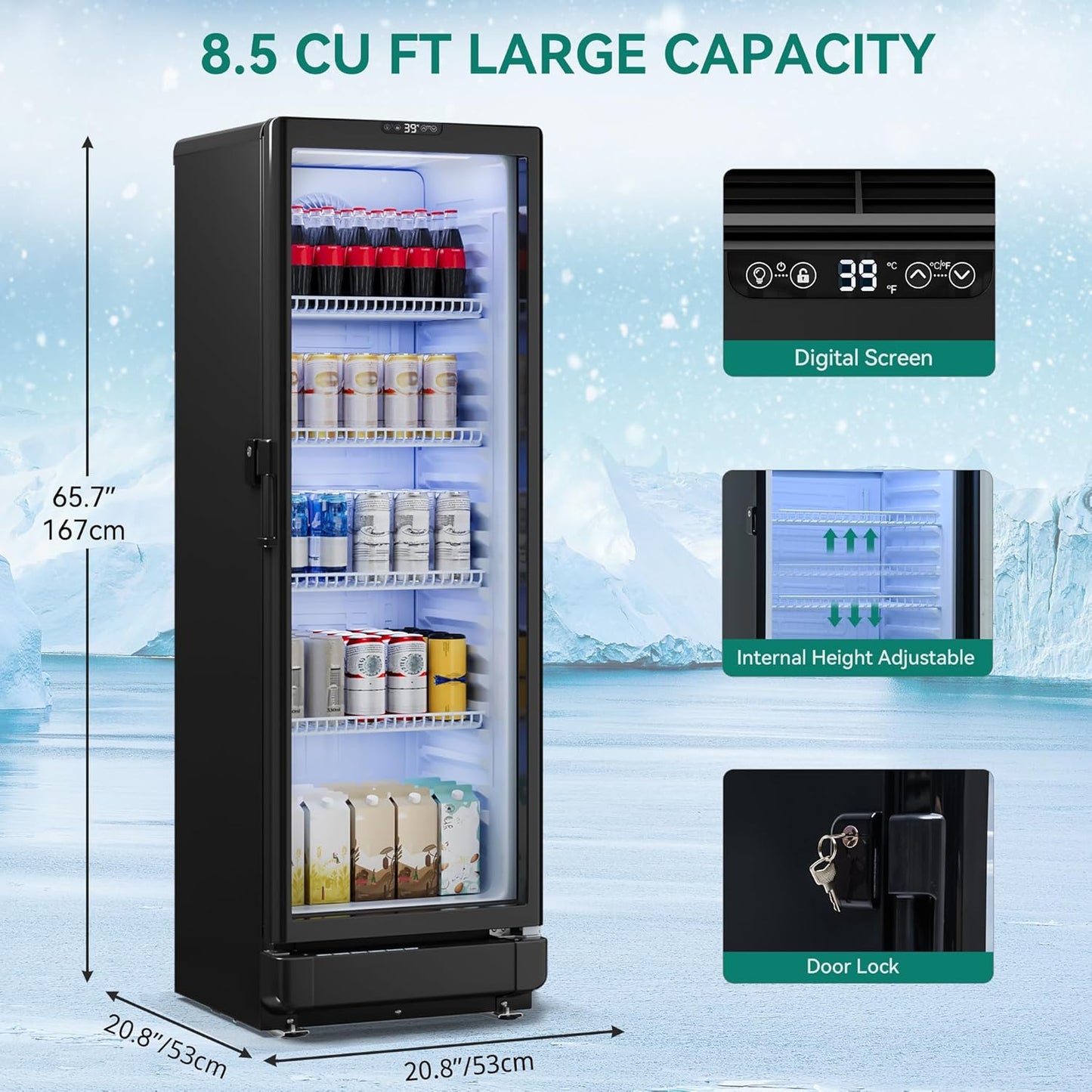 YITAHOME 8.5 CU.FT. Commercial Beverage Display Refrigerator with Single One Glass Door, Drink Beer Fridge Cooler for Office Garage Bar Gym with Locking, Led & 2 Keys
