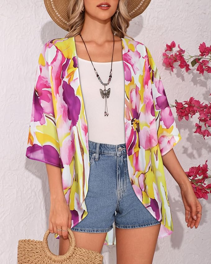 Women's Floral Print Puff Sleeve Kimono Cardigan Loose Cover Up Casual Blouse - Image 3