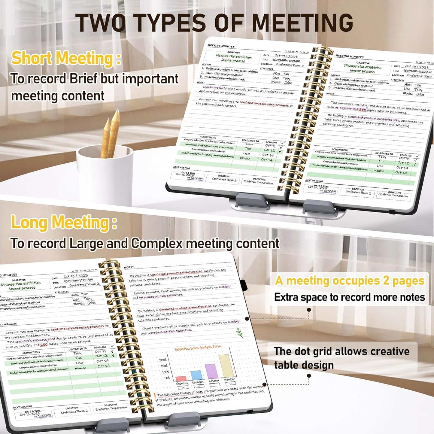WEMATE 5 Pack Meeting Notebooks for Work（7"x10"） 200 Pages, PU Leather Notebook with Action Items & Note, For Staff & Students, Meeting, Projects Planning - All Black Set