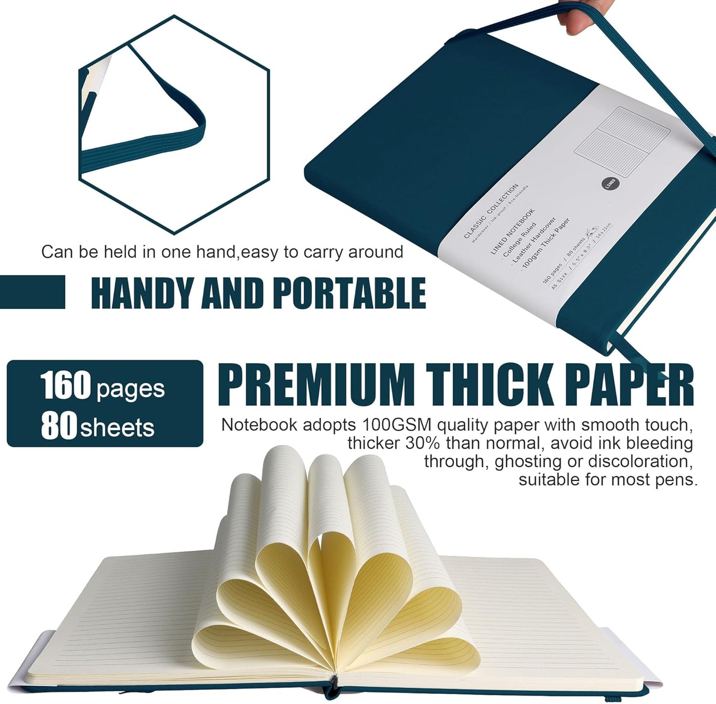 Lined Journal Notebook, (Turquoise), 160 Pages, Medium 5.7 inches x 8 inches - 100 gsm Thick Paper, Hardcover