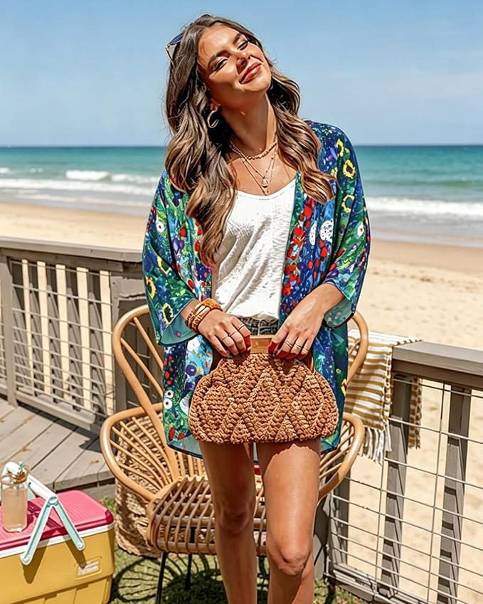 Women's Floral Print Puff Sleeve Kimono Cardigan Loose Cover Up Casual Blouse - Image 2