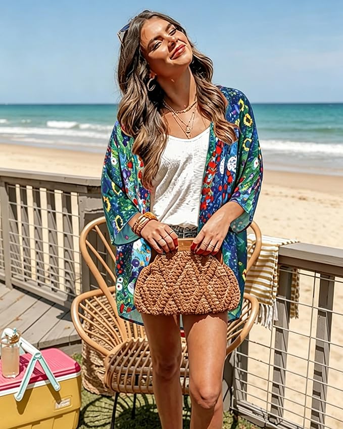 Women's Floral Print Puff Sleeve Kimono Cardigan Loose Cover Up Casual Blouse - Image 2