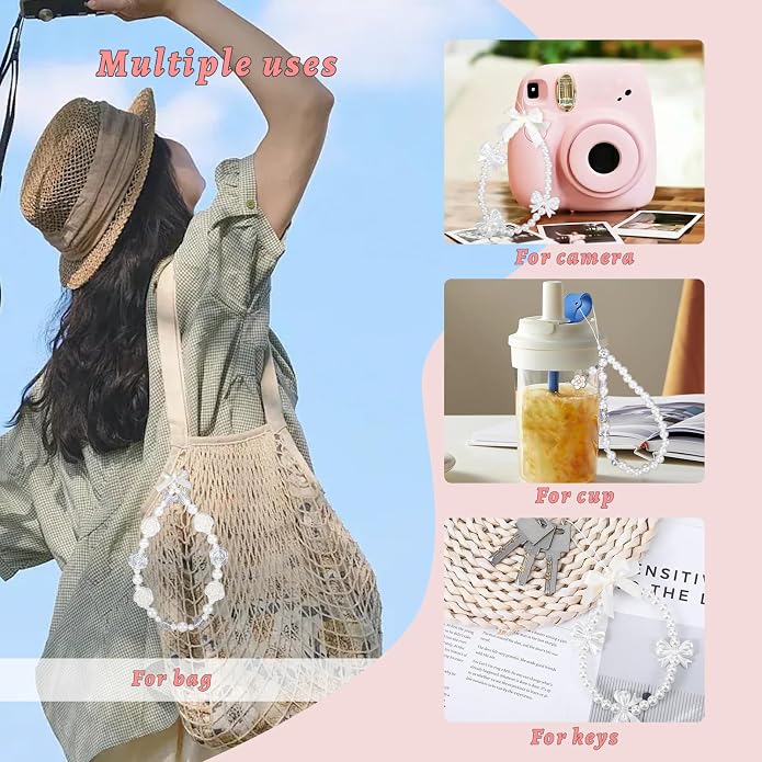 Pink Beaded Phone Wrist Straps, Y2K Phone Case Charms Camera Charm Strap - Image 3