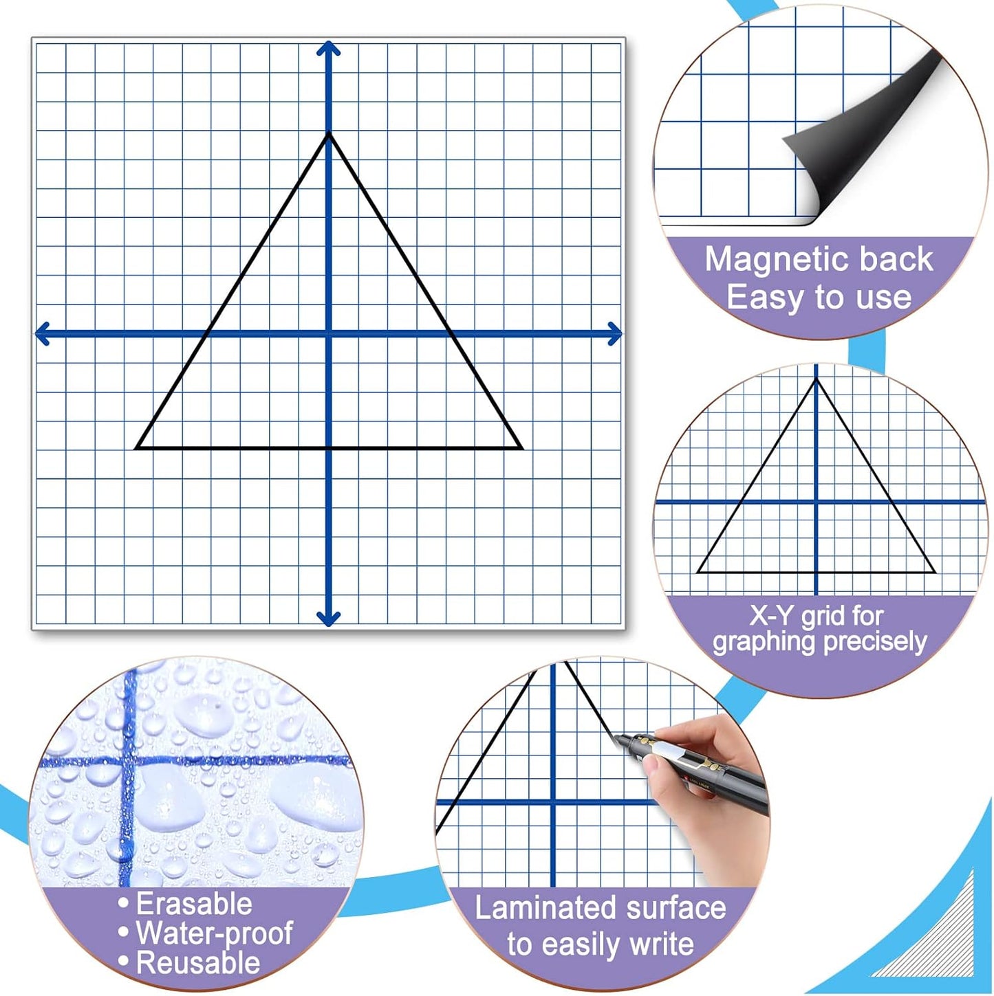Teling 4 Pieces Jumbo Magnetic Xy Coordinate Dry Erase Grid 26 x 26 Inches, Magnet Graph Whiteboard for Classrooms, Teaching, Learning Tools