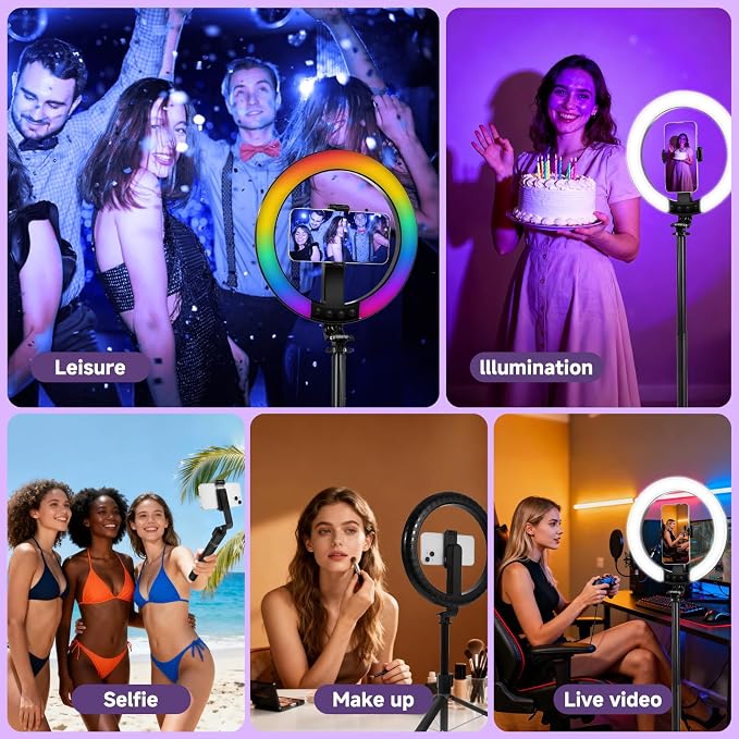 10" Ring Light with Stand 74'' Tall & Phone Holder, RGB Full Color Modes Selfie - Image 7