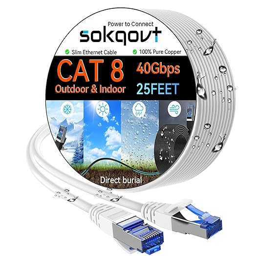Sokqovt Cat 8 Ethernet Cable Slim 25ft Outdoor, Pure Copper Cat8 Internet Cable by Unknown