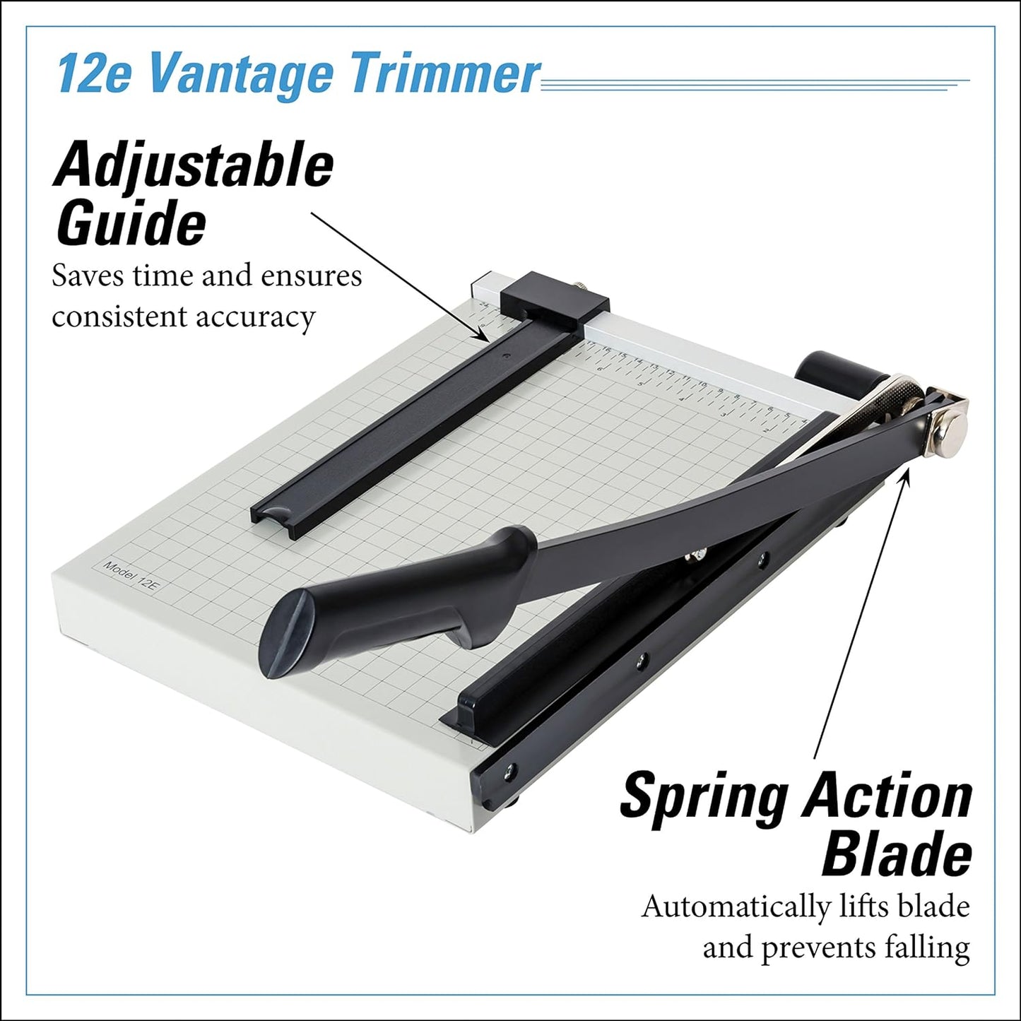 Dahle 12e Vantage Paper Trimmer, 12" Cut Length, 15 Sheet, Automatic Clamp, Adjustable Guide, Metal Base with 1/2" Gridlines, Guillotine Paper Cutter