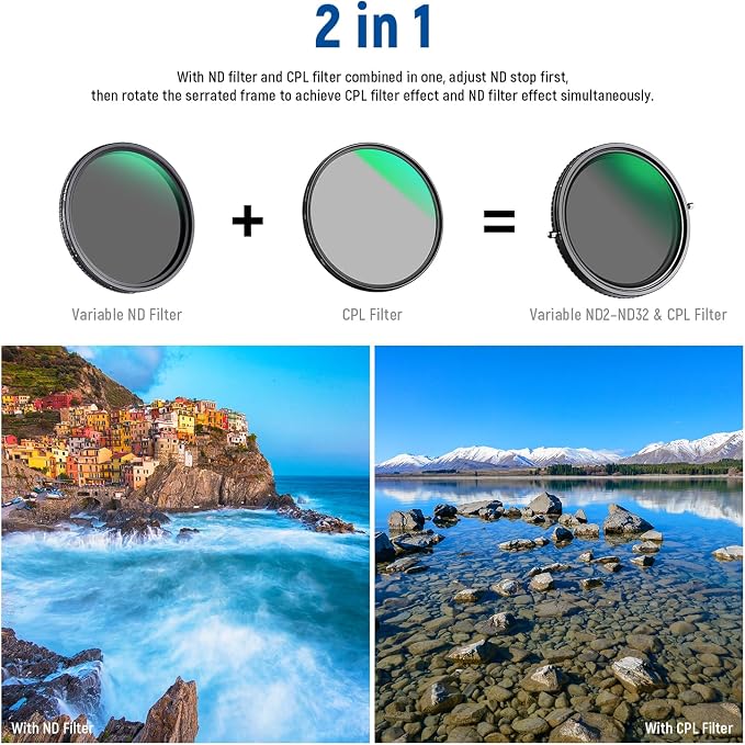NEEWER 2 in 1 52mm Variable ND Filter ND2–ND32&CPL Filter No X Cross/30 Layer - Image 2