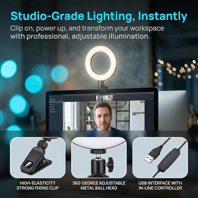 6" Ring Light with Desk Tripod Stand and Clip | Video Conference Lighting - Image 2