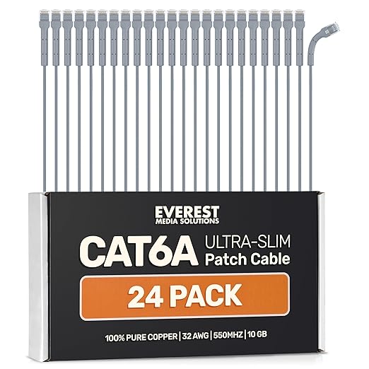 Everest Ultra Slim Cat6a Ethernet Patch Cables 1ft Gray by EverestMediaSolutions