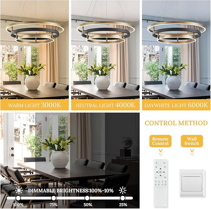 3 Ring LED Chandelier Black Gold Chandelier Light Fixture Dimmable Round Foyer - Image 5